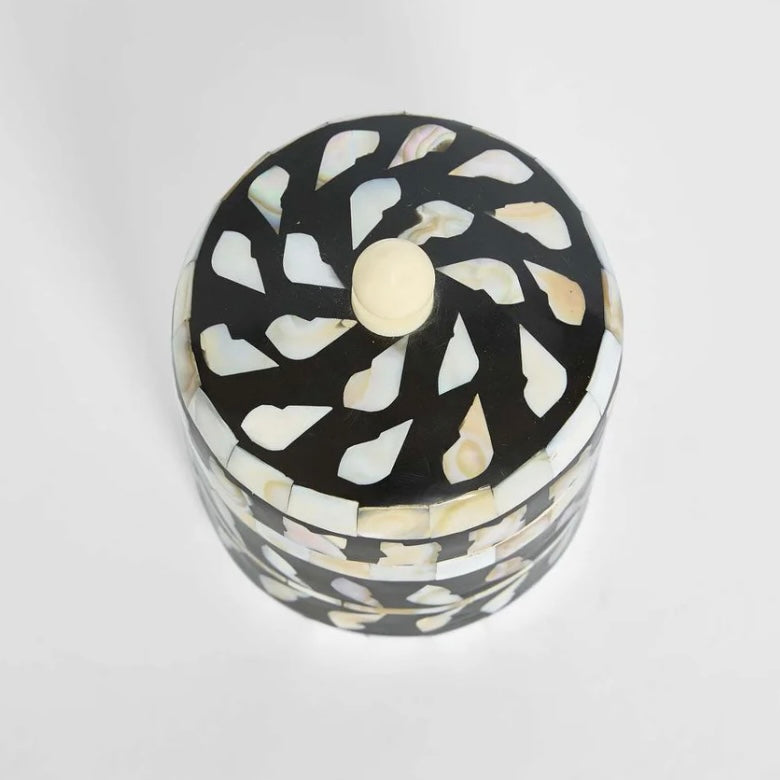 Black Trinket Box Round - Bone Inlay
