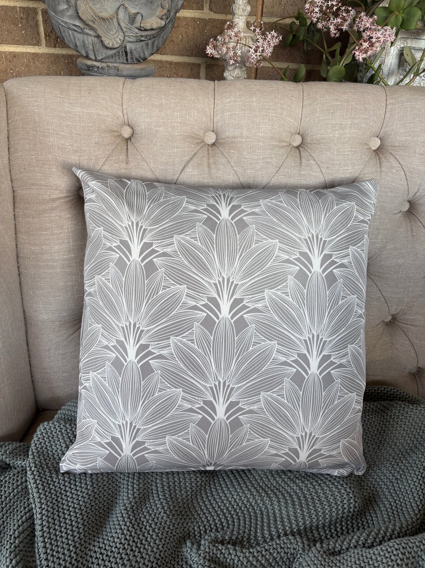 Outdoor Waterproof Grey Leaf Cushion - 45x45