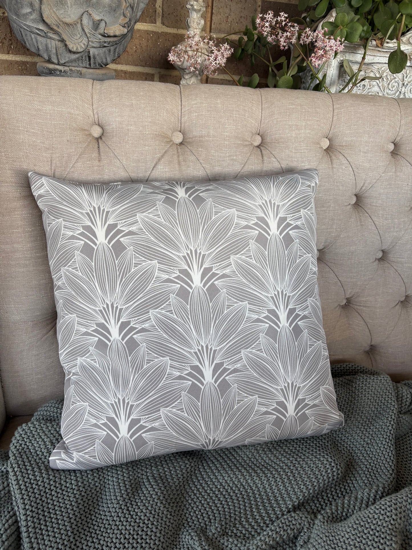 Outdoor Waterproof Grey Leaf Cushion - 45x45