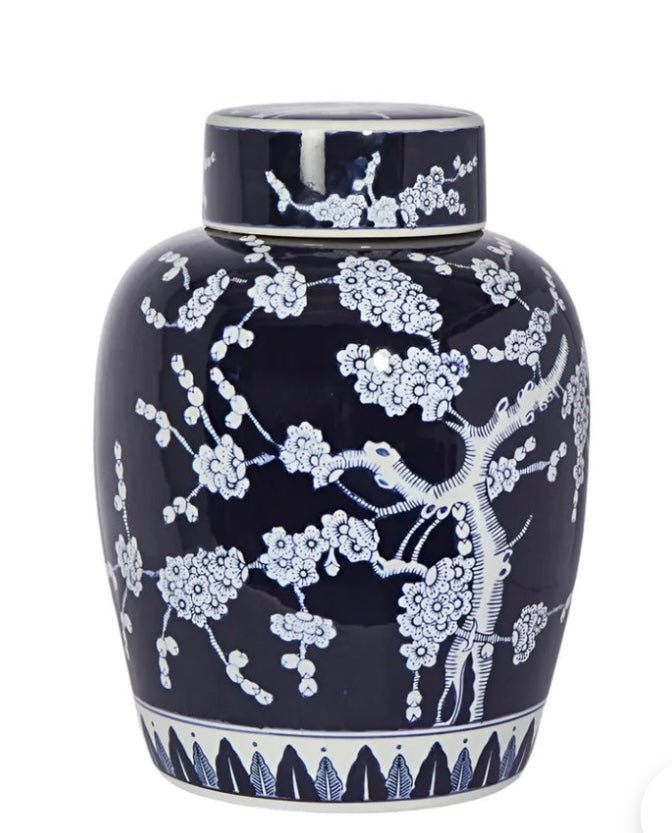 Cherry Blossom Blue & White Lidded Jar - Porcelain