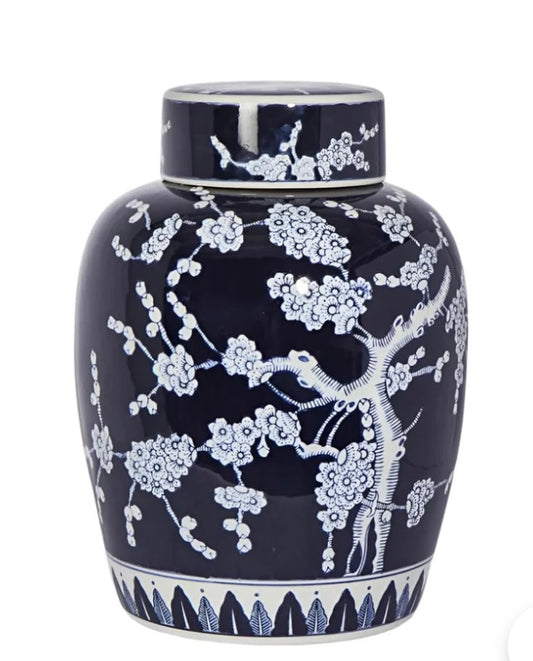 Cherry Blossom Blue & White Lidded Jar - Porcelain