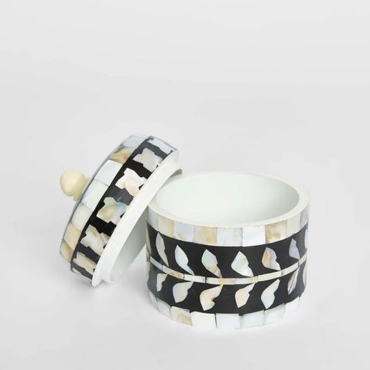 Black Trinket Box Round - Bone Inlay